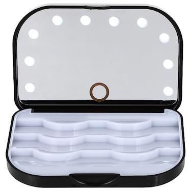 Imagem de HEALLILY Estojo organizador vazio para cílios postiços com espelho de maquiagem, estojo de armazenamento de LED para ferramenta de maquiagem para os olhos, preto
