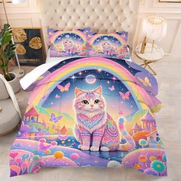 Imagem de EDGZKO Conjunto de edredom queen: conjunto de cama de gato arco-íris exótico gatinho floral castelo felino para mulheres meninas adolescentes adultos conjunto de cama colorido borboleta animal de