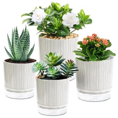 Imagem de Etvski Vasos autoirrigáveis para plantas de interior, 4 peças, vasos autoirrigáveis, vasos pequenos para plantas, vasos de flores pequenos, vasos de plantas de interior (listras pretas de 4 + 13,5 cm)