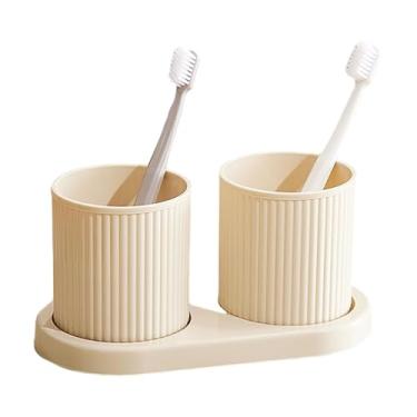 Imagem de Kakalote Copo de escova de dentes para casal, 2 peças, com bandeja engrossada, copo reutilizável para enxaguante bucal, organizador de balcão de banheiro (bege)