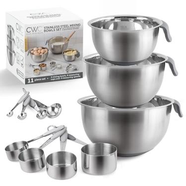 Imagem de COOK WITH COLOR Conjunto de tigelas de mistura de aço inoxidável e copos medidores - Tigelas de encaixe com fundo antiderrapante e alças de fácil aderência, cinza, 11 peças
