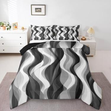 Imagem de Erosebridal Jogo de cama solteiro listrado preto e branco, cinza, geométrico, moderno, abstrato, para mulheres e homens, colcha minimalista com listras fluidas fluidas, enchimento de edredom ombré de