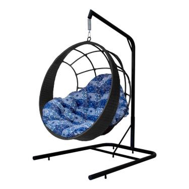 Imagem de Cadeira Balanço Ninho Suspenso C- Suporte E Almofada Impermeável Preto-azul Ladrilho