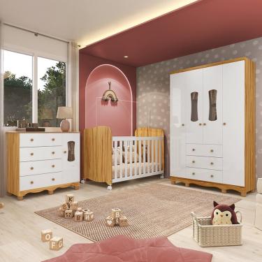 Imagem de Quarto De Bebê Completo Guarda Roupas Cômoda 3 Portas Janeladas E Berço 100% Mdf Lana Branco