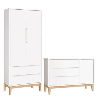 Imagem de Cômoda Com Porta E Guarda Roupa Infantil 2 Portas New Classic Branco Com Pés Madeira Natural - Reller