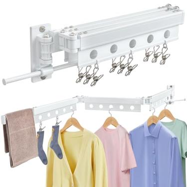 Imagem de ZOFGENOW Estante de secagem de roupas montado na parede, retrátil para economia de espaço, de alumínio, dobrável, para uso interno e externo - lavanderias, banheiro e varandas, inclui 10 prendedores