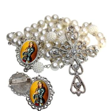 Imagem de Terço de Noiva de Luxo Arabesco com Broche de Lapela Santa Joana D Arc
