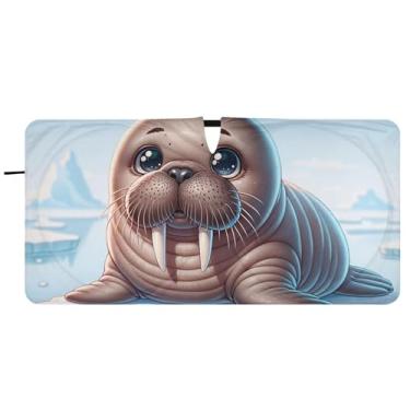 Imagem de Linda morsa animal impressão personalizada carro pára-brisa para-sol bonito caminhão dobrável guarda-chuva de para-brisa automotivo, guarda-sol, 81,3 cm x 157,5 cm