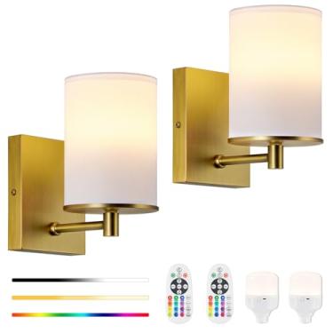 Imagem de TERLEENART Conjunto De Duas Arandelas Parede Operadas Por Bateria, 13 Cores Rgb, Reguláveis, Recarregáveis Com Controle Remoto, Luminárias Parede, Cilindro, Abajur Tecido Branco Para Quarto E Sala E