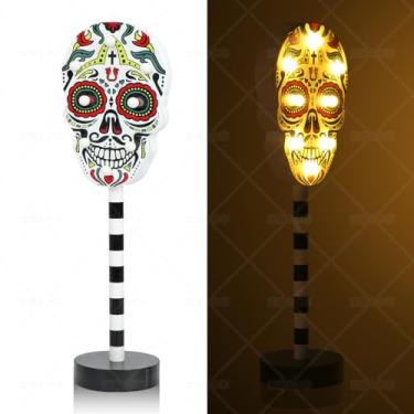 Imagem de Cophile Centro De Mesa Madeira Com Caveira Açúcar, 13 Pol., Grande Led Para Festa Mexicana, X 4,3 Decoração O Dia Dos Mortos, Altar, Halloween, Carnaval, Artigos