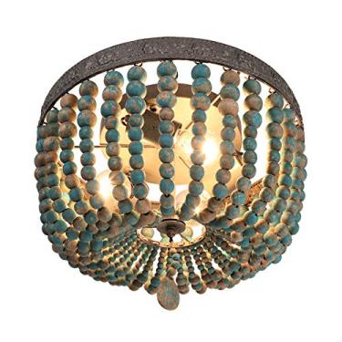 Imagem de FIRVRE Lustre Com Contas De Madeira Natural, Estilo Boêmio, Vintage, Rústico, Boho, Luminária Teto Fazenda, Pendente Para Sala Jantar, Quarto, Corredor, Escada, Cozinha, Ilha (Azul)