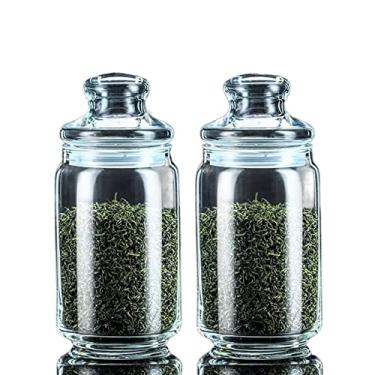 Imagem de Lata de chá Conjunto de 2 potes de vidro redondos para chá Latas de café com tampas herméticas Frascos de vidro lisos e transparentes Pote de biscoitos para café, macarrão com açúcar e nozes Caixa de