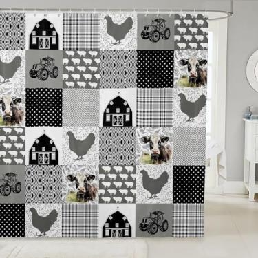 Imagem de Cortina de banho Farmhouse Barn, cortina de chuveiro rústica, vaca leiteira, galinha, porco, animais, para barracas, arte moderna, arte moderna, geométrica, impermeável, com 12 ganchos, 182 cm L x 192