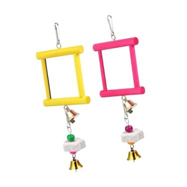 Imagem de IEUDNS 2x Brinquedos de espelho de galinha com sino, bico de mastigação interativo, pedras de moer, brinquedo de bicadas de madeira para galos, galinhas, Vermelho Amarelo
