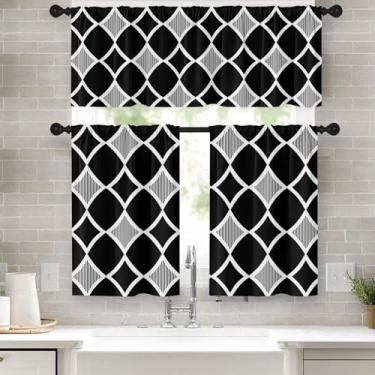 Imagem de Tayney Cortinas geométricas pretas brancas para janela de cozinha, conjunto de saia e camadas, 91 cm, padrão abstrato sem costura, bolso para varão, cortina de camada curta para banheiro, cortinas