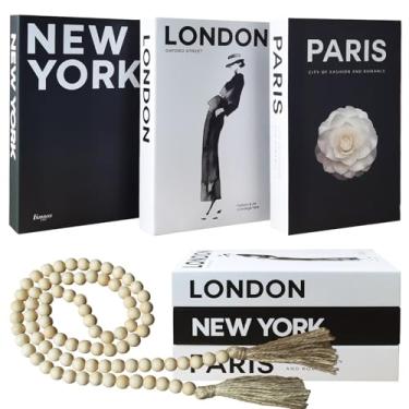 Imagem de Livros decorativos para decoração de casa, conjunto de 3 livros falsos preto e branco com borlas de contas de madeira, decoração de quarto estética para decoração de mesa de café, sala de estar,