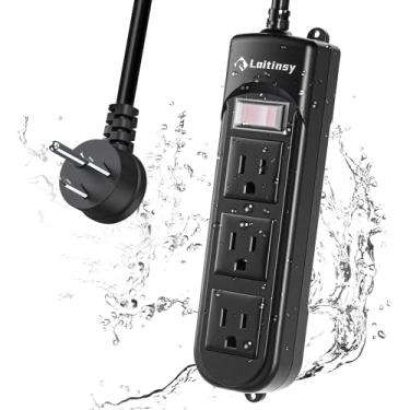 Imagem de Faixa de força externa à prova de intempéries, plugue plano à prova d'água com 3 saídas, cabo de extensão de 1,8 m, proteção contra sobrecarga e à prova de choque, adequado para casa e fora, montado na parede, preto
