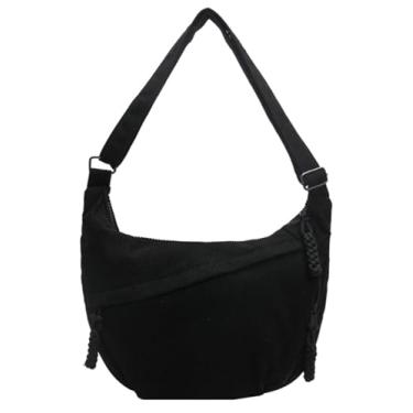 Imagem de Bolsa tiracolo de veludo cotelê de nylon trançado com vários bolsos crescente feminina e masculina bolsa de ombro, B - preto