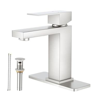 Imagem de Faustina Torneiras de banheiro de um orifício, torneira de pia de banheiro de níquel escovado de alça única, 1 furo, torneira de pia de vaso de aço inoxidável para lavatório de bar de vaidade RV