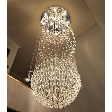 Imagem de cenozo Lustre De Cristal D32'' X A100'' Para Entrada, Lustres Teto Alto, Glam, Moderno, Grande, Gota Chuva, Luminárias Led Reguláveis, Escadas, Hall Sala Estar
