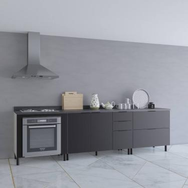 Imagem de Cozinha Modulada Bartira Rubi com 2 Portas, 2 Gavetas, 3 Gavetões, 1 Prateleira e 280,2cm de Largura - Freixo/Preto Poah