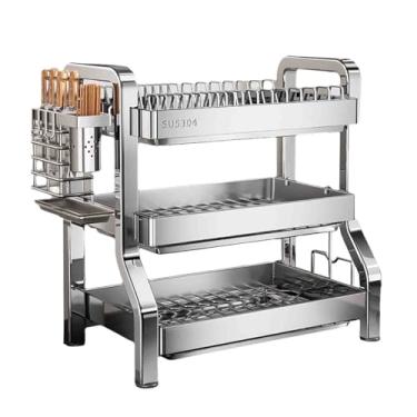 Imagem de JUSHZ Escorredor de louça escorredor de pratos removível para talheres cesta de corte de aço inoxidável com bandeja coletora (prata, 40 x 26 x 63 cm)