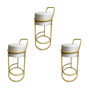 Imagem de Kit 3 Banquetas Alta Redonda Base Dourada Veludo Bege