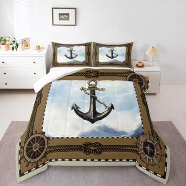 Imagem de Homewish Conjunto de edredom com âncora, bússola e leme para crianças, meninas e adultos, edredom acolchoado com estampa de veleiro, tamanho solteiro, 2 peças