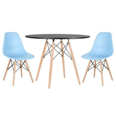 Imagem de Mesa Redonda Eames 100cm Preto + 2 Cadeiras Azul Claro