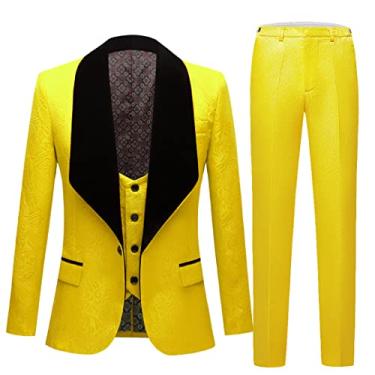 Imagem de Terno Masculino Slim Fit Terno De Noite Shaw Lapela Noivo Smokings Casamento, Yellow Pants 3pcs, XL