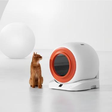 Imagem de Caixa de Areia Autolimpante para Gatos, Controle por Smartphone, Design Moderno Branco e Laranja 110V