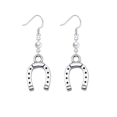 Imagem de Dreuyet Wrangler Brincos de pérola ocidental rústica Couture brincos em forma de ferradura em forma de U brincos pendentes country concho brincos chapéu bota brincos declaração joias para mulheres,