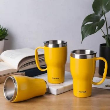 Imagem de Caneca Térmica Parede Dupla em Aço Inox Amarela 850ml com Alça Ergonômica - Estilo Casual