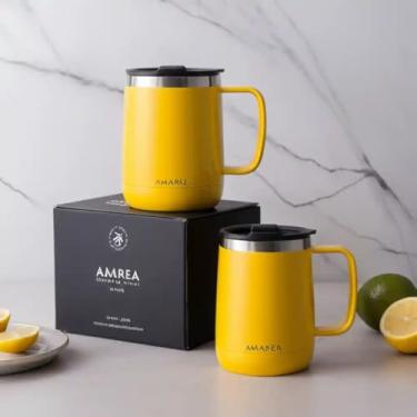 Imagem de Caneca Térmica Parede Dupla em Aço Inox Amarela 700ml com Alça Ergonômica - Estilo Minimalista