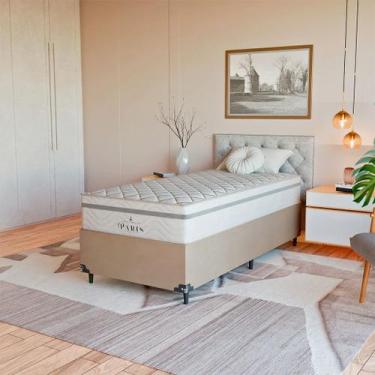 Imagem de Cama Box Solteiro Bege + Colchão Paris Molas Branco - eShop casa