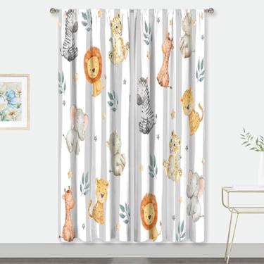 Imagem de MESHELLY Cortinas infantis de animais de safári 132 cm L x 213 cm A bolso para varão, desenho animado floresta, leão, elefante, quarto, janela, cortinas estampadas para quarto de bebê, berçário, sala