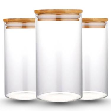 Imagem de Potes de Vidro Borossilicato com Tampa de Bambu, 400ml, Hermético para Alimentos, Conjunto com 3 Unidades