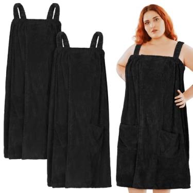 Imagem de Tigeen 2 peças de toalha plus size para mulheres vestido de toalha de banho pano felpudo roupão de spa com alças fecho ajustável (preto, PP-4GG)