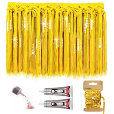 Imagem de Yhsheen Acabamento de franja dourada com pérolas elegantes, acabamento de franja de 2 jardas x 24 cm por jarda com cola B7000, borlas para artesanato para costura de cortina de roupas