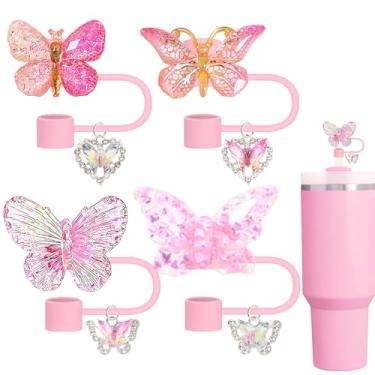 Imagem de Conjunto de topos de palha de borboleta com pingentes, capas de palha rosa de 10 mm Cussom, compatíveis com copos Stanley de 30 e 1,134 g com enfeite de cruz brilhante, acessórios fofos e funcionais