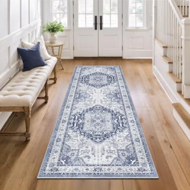 Imagem de xilixili Tapete de corredor lavável de 6 x 15 cm com suporte antiderrapante, tapete de entrada macio vintage para sala de estar, lavanderia, quarto, banheiro, azul marinho/azul