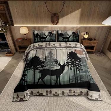 Imagem de Feelyou Conjunto de edredom Canbin para meninas, meninos, crianças, cervo, caça, decoração de quarto, casa de fazenda, animal selvagem, marrom, conjunto de edredom casal, 3 peças