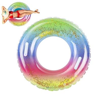 Imagem de Anel de natação adulto arco-íris lantejoulas anel flutuante com alça tubo de natação inflável para adultos boias de piscina para artigos de festa de verão na praia, brinquedos de praia