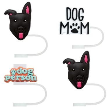 Imagem de STRACOUPI Tampa de palha de silicone pastor alemão preto para copos Stanley, acessório decorativo reutilizável, pacote com 4