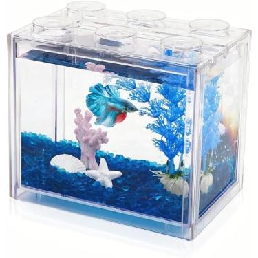Imagem de Tanque de peixes Betta pequeno, kit de mini aquário de aquário com cascalho azul e decorações de resina, aquário empilhável de 6 litros, aquário de mesa minúsculo para camarão macaco marinho