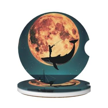 Imagem de Neukim Pacote com 2 porta-copos de baleia pescaria ao luar para barco, porta-copos, 6 cm, antiderrapante, de cerâmica, absorvente com base de cortiça e entalhe de dedo, acessórios de carro interiores