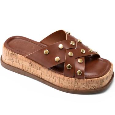 Imagem de Sandália Feminina Lumiss Flatform Tachas Rebite Dourado Cortiça Confortável caramelo37