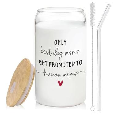 Imagem de BEHIFL Copo de vidro para anúncio de bebê Dog Mom com tampas e canudos, 400 ml, presentes para mulheres grávidas futura mamãe, presentes de anúncio de gravidez, potes de vidro para café gelado com
