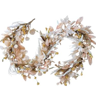 Imagem de Bibelot Guirlanda de outono de 178 cm, folha de eucalipto e videira de bordo com pampas brancos, flores amarelas, decoração rústica para pendurar em casa de fazenda para Ação de Graças, Natal