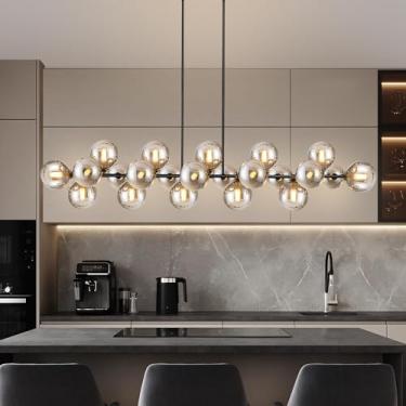 Imagem de Lzawvm Lustres lineares para sala de jantar, lustre linear de globo de vidro Sputnik preto com 22 luzes abajur cinza esfumaçado, luminária pendente de ilha suspensa para cozinha, mesa oval, casa de